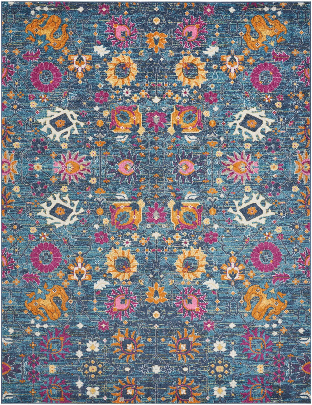 8' X 10' Blue And Orange Floral Power Loom Area Rug - Homeroots