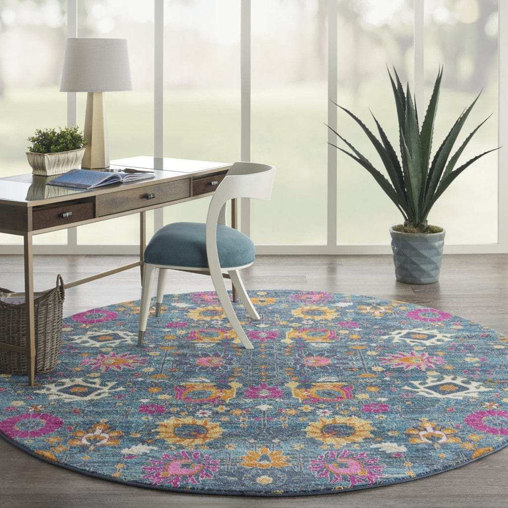 8' Blue And Orange Round Floral Power Loom Area Rug - Homeroots - Flyclothing LLC