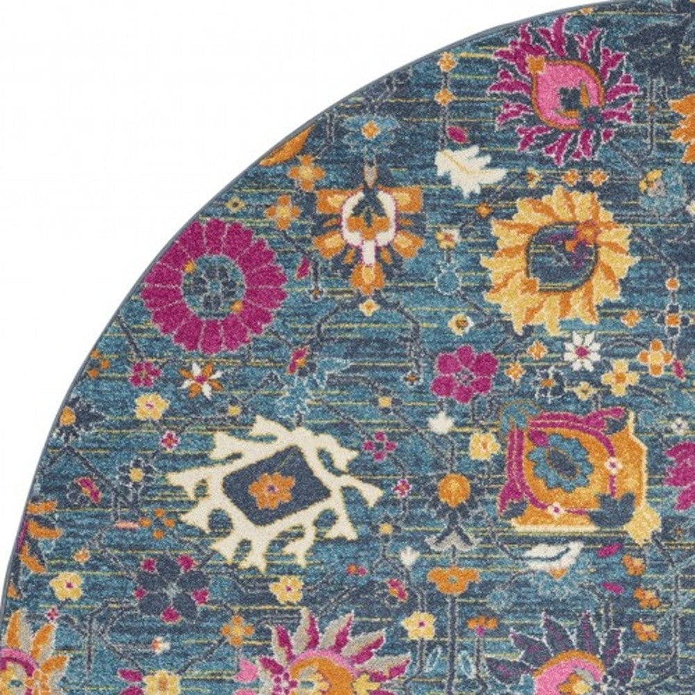 8' Blue And Orange Round Floral Power Loom Area Rug - Homeroots