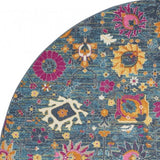 8' Blue And Orange Round Floral Power Loom Area Rug - Homeroots
