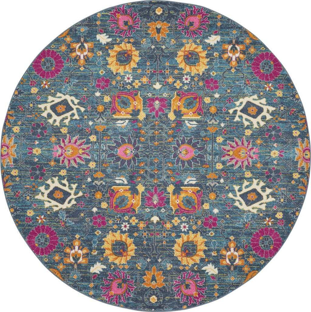 8' Blue And Orange Round Floral Power Loom Area Rug - Homeroots - Flyclothing LLC