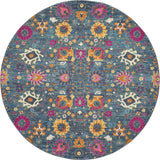 8' Blue And Orange Round Floral Power Loom Area Rug - Homeroots