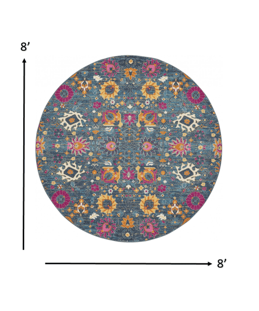 8' Blue And Orange Round Floral Power Loom Area Rug - Homeroots - Flyclothing LLC