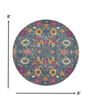 8' Blue And Orange Round Floral Power Loom Area Rug - Homeroots