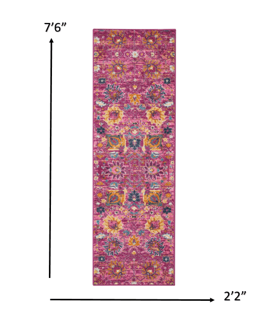 8' Fuchsia Floral Power Loom Runner Rug - Homeroots
