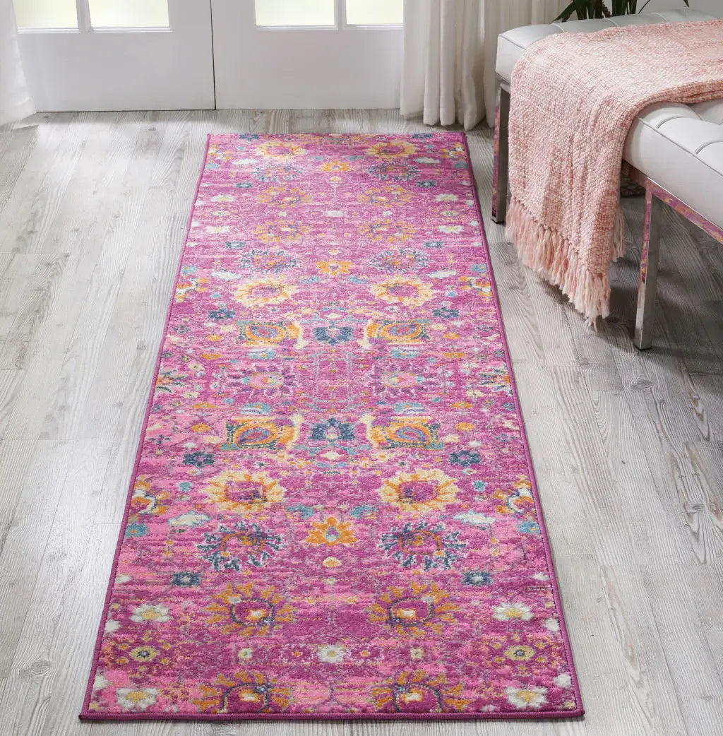 8' Fuchsia Floral Power Loom Runner Rug - Homeroots - Flyclothing LLC