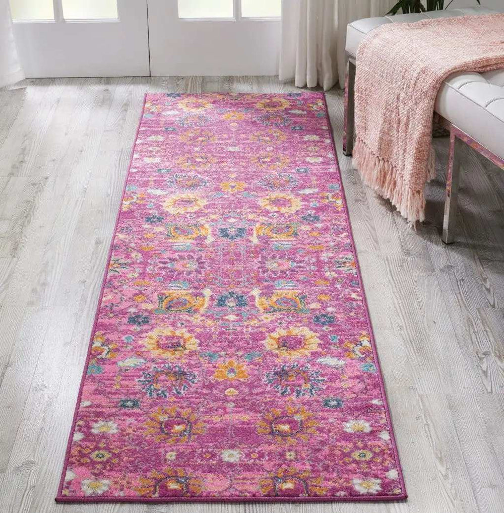 8' Fuchsia Floral Power Loom Runner Rug - Homeroots - Flyclothing LLC