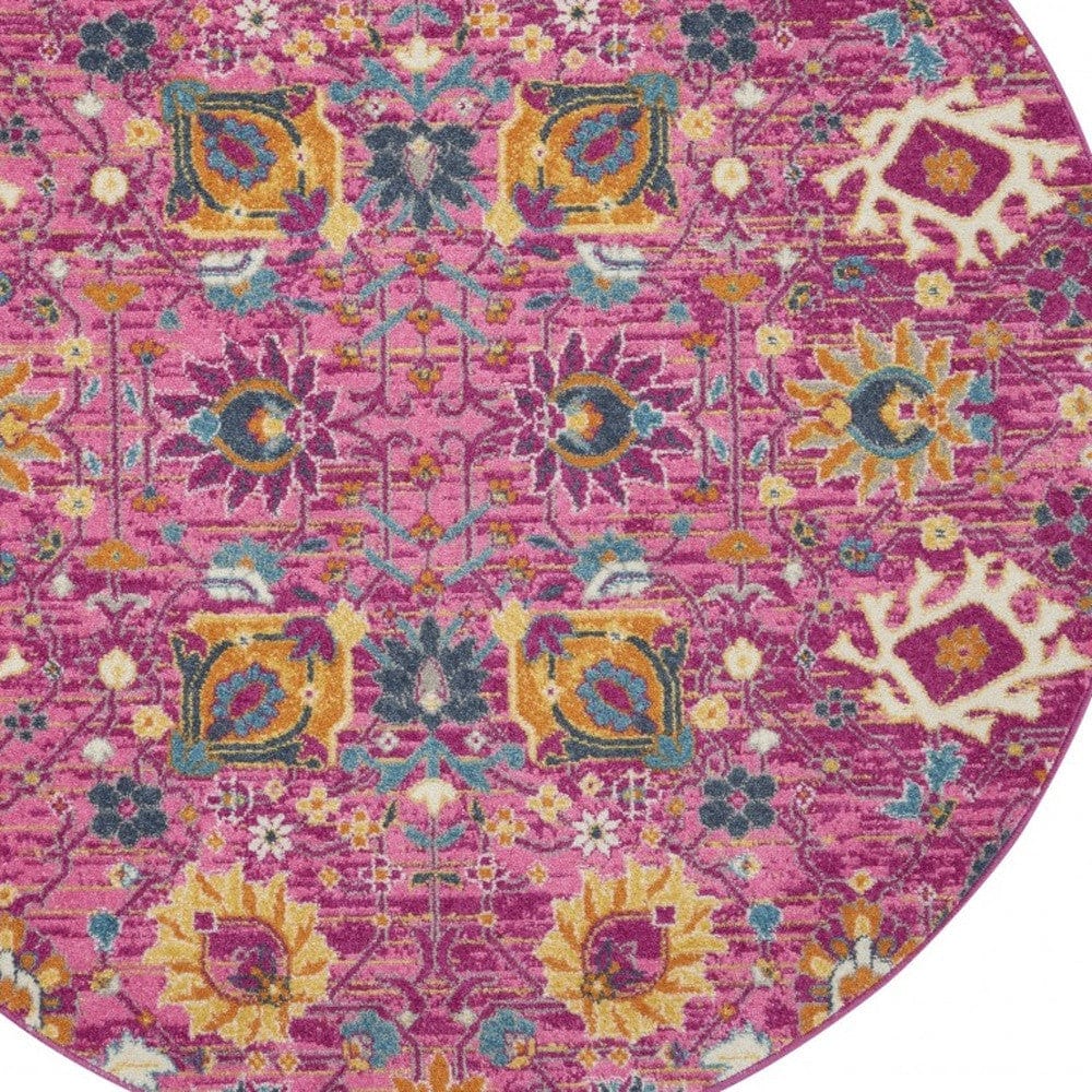 5' Fuchsia Round Floral Power Loom Area Rug - Homeroots