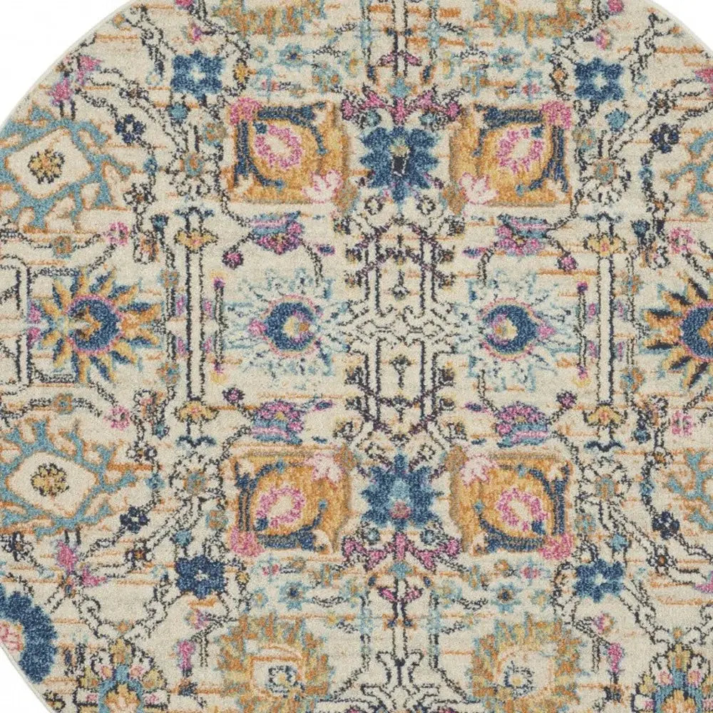 4' Orange And Ivory Round Floral Power Loom Area Rug - Homeroots - Flyclothing LLC