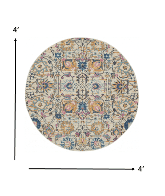 4' Orange And Ivory Round Floral Power Loom Area Rug - Homeroots - Flyclothing LLC
