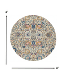 4' Orange And Ivory Round Floral Power Loom Area Rug