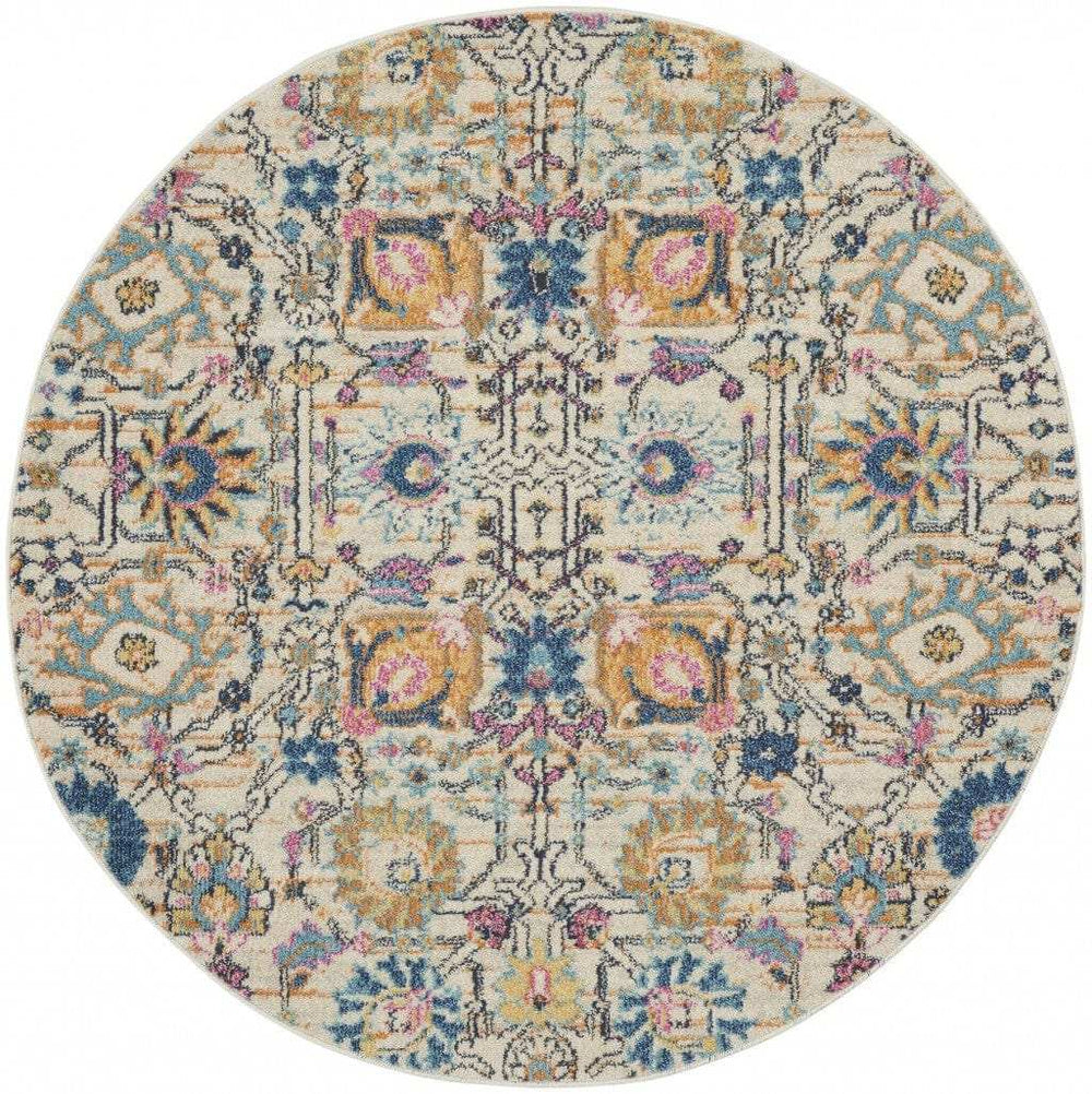 4' Orange And Ivory Round Floral Power Loom Area Rug - Homeroots - Flyclothing LLC