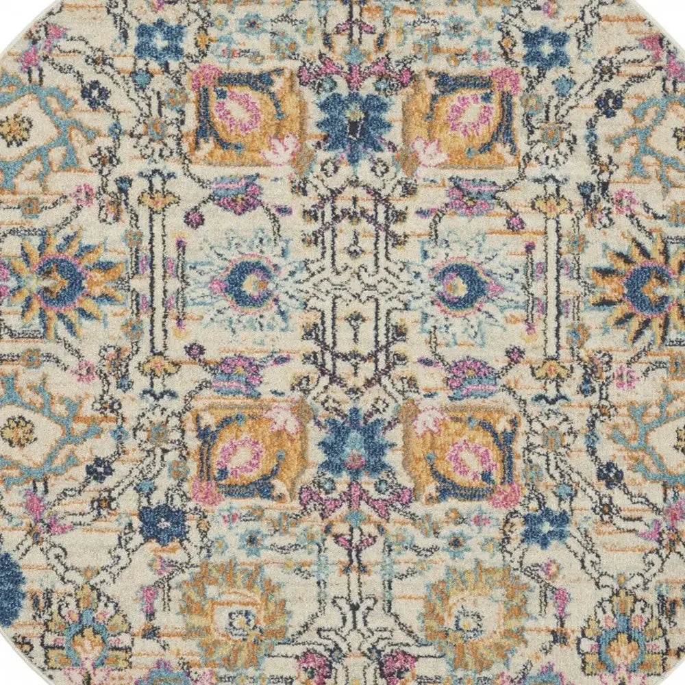5' Orange And Ivory Round Floral Power Loom Area Rug - Homeroots - Flyclothing LLC