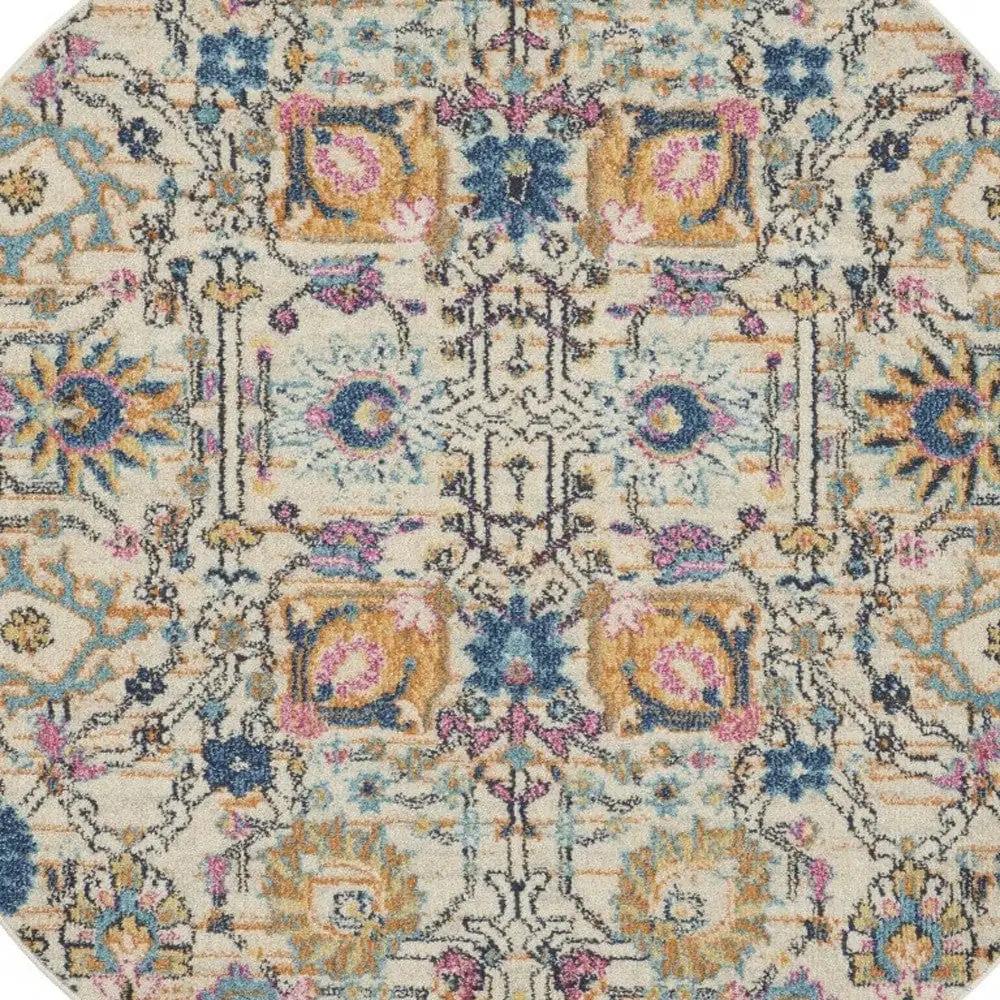 5' Orange And Ivory Round Floral Power Loom Area Rug - Homeroots