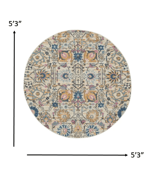 5' Orange And Ivory Round Floral Power Loom Area Rug - Homeroots - Flyclothing LLC