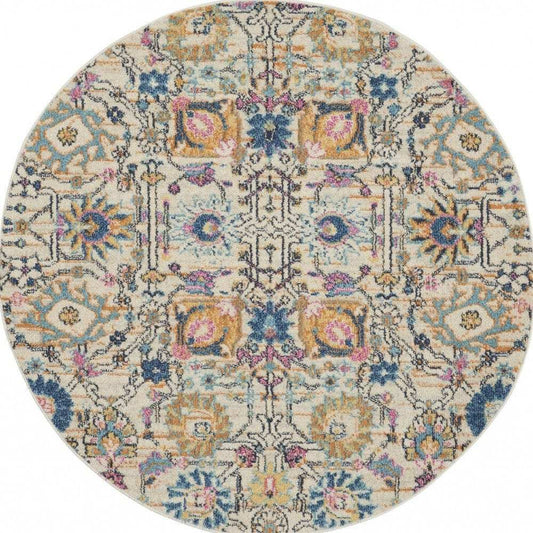 5' Orange And Ivory Round Floral Power Loom Area Rug - Homeroots - Flyclothing LLC