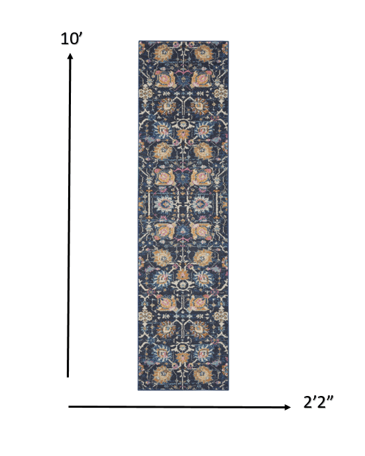 10' Navy Blue Floral Power Loom Runner Rug - Homeroots