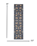 10' Navy Blue Floral Power Loom Runner Rug - Homeroots