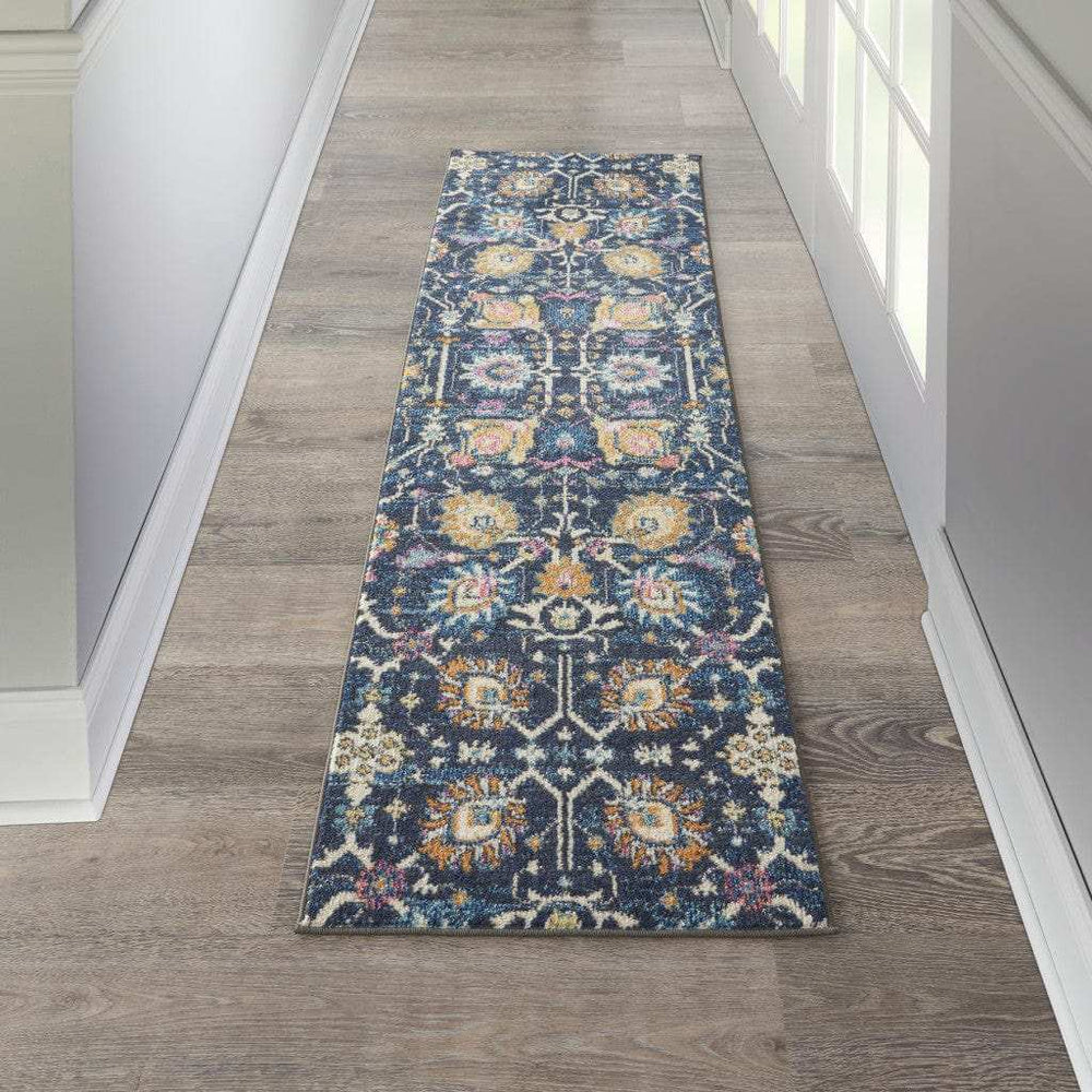 8' Navy Blue Floral Power Loom Runner Rug - Homeroots - Flyclothing LLC
