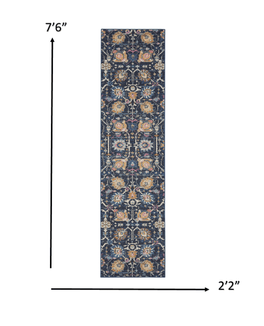 8' Navy Blue Floral Power Loom Runner Rug - Homeroots - Flyclothing LLC