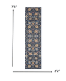 8' Navy Blue Floral Power Loom Runner Rug - Homeroots