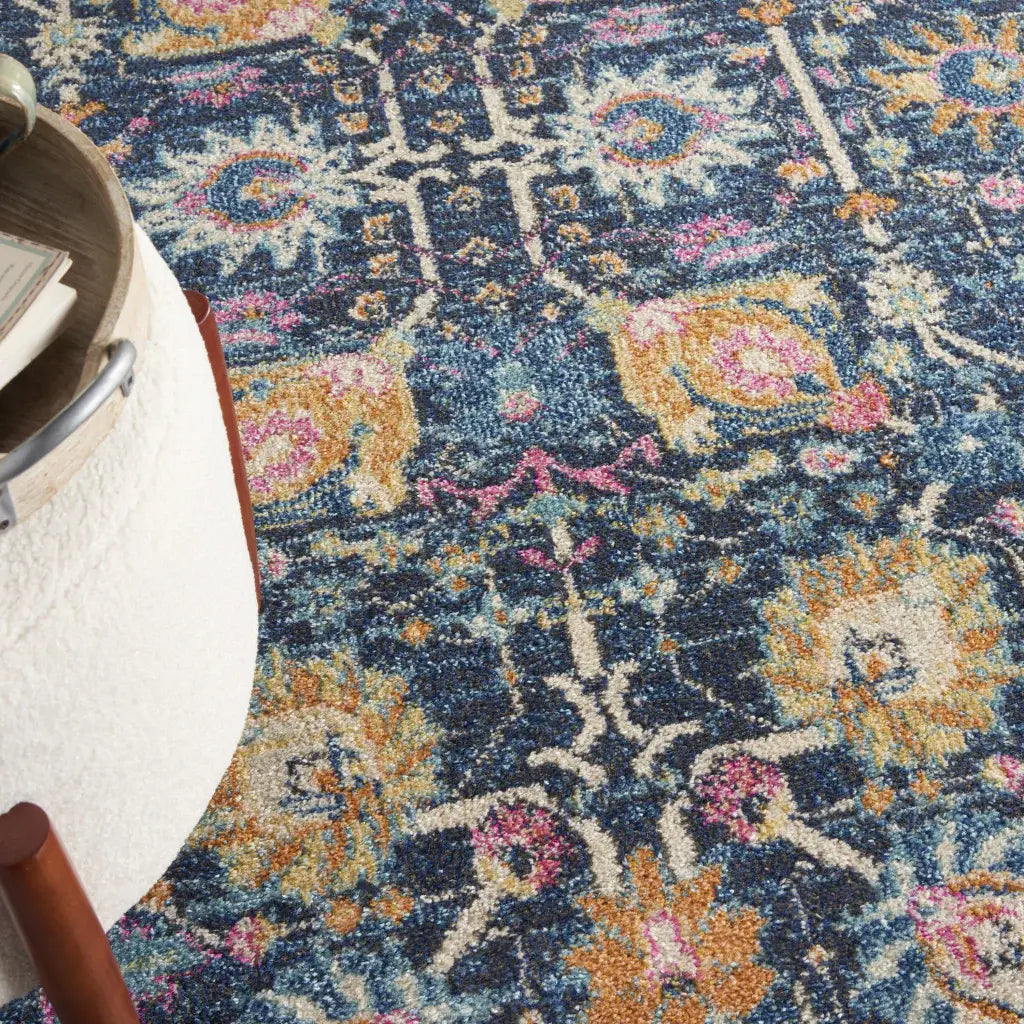 4' Navy Blue Round Floral Power Loom Area Rug - Homeroots - Flyclothing LLC