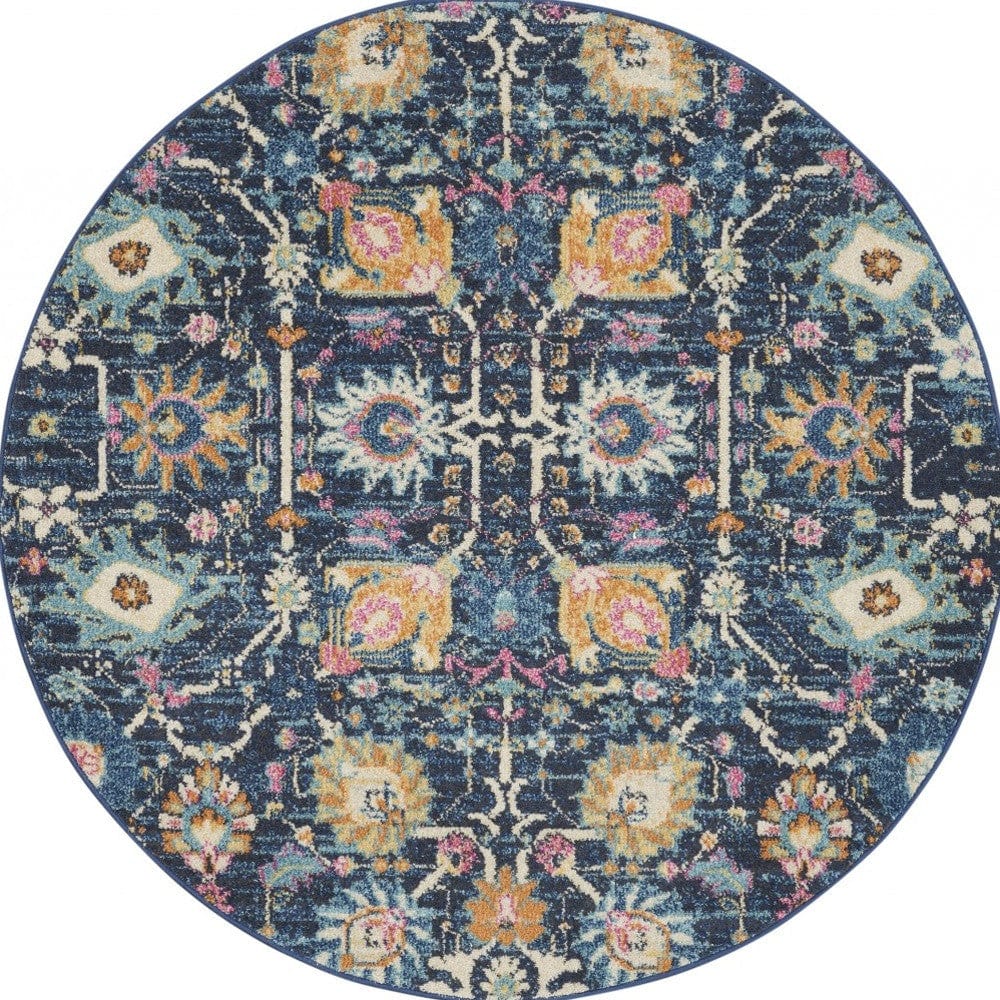 4' Navy Blue Round Floral Power Loom Area Rug - Homeroots