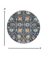 4' Navy Blue Round Floral Power Loom Area Rug - Homeroots - Flyclothing LLC