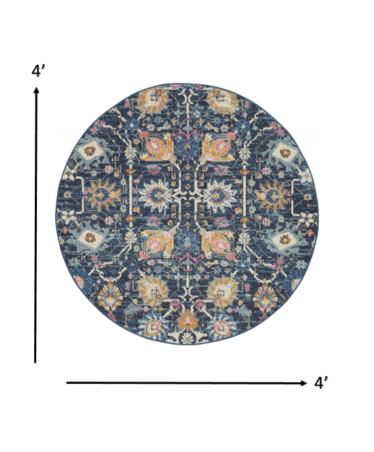 4' Navy Blue Round Floral Power Loom Area Rug - Homeroots - Flyclothing LLC