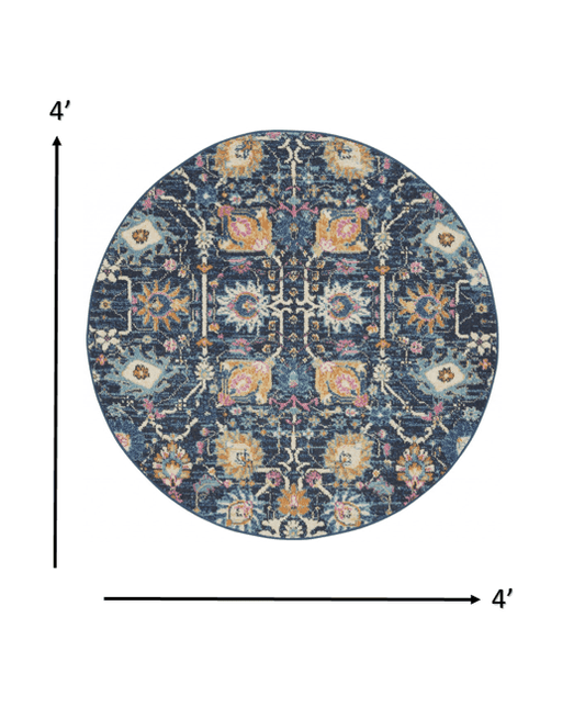 4' Navy Blue Round Floral Power Loom Area Rug - Homeroots - Flyclothing LLC