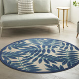 4' Round Blue And Ivory Round Floral Indoor Outdoor Area Rug - Homeroots