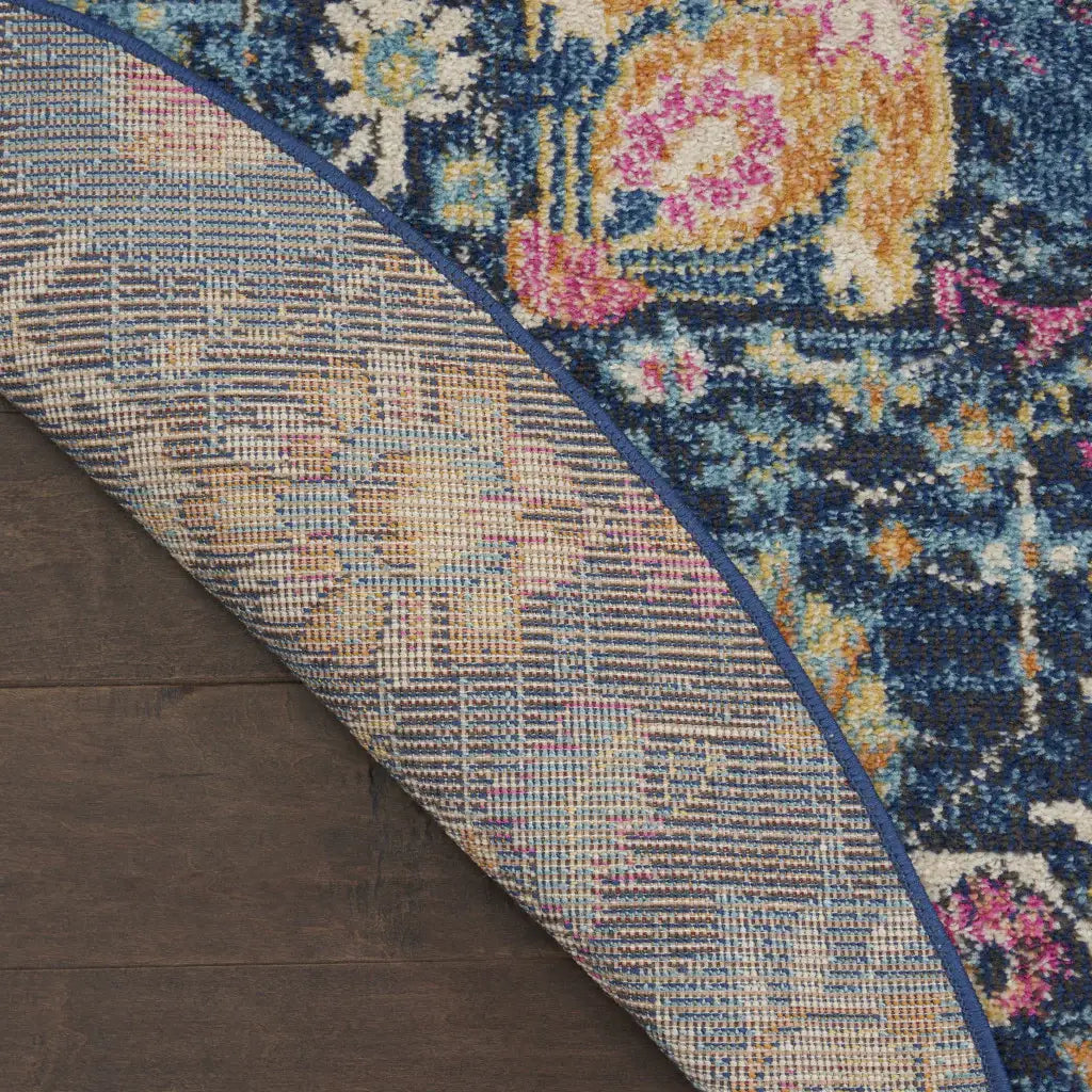 5' Navy Blue Round Floral Power Loom Area Rug - Homeroots - Flyclothing LLC