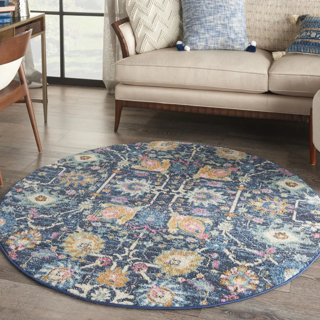 5' Navy Blue Round Floral Power Loom Area Rug - Homeroots - Flyclothing LLC
