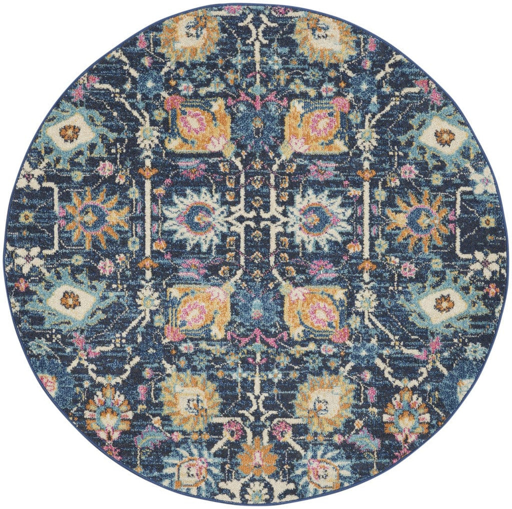 5' Navy Blue Round Floral Power Loom Area Rug - Homeroots