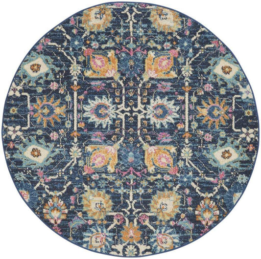5' Navy Blue Round Floral Power Loom Area Rug - Homeroots - Flyclothing LLC