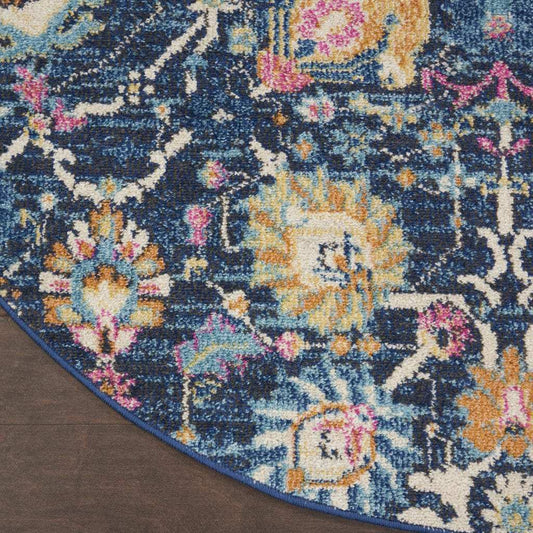 5' Navy Blue Round Floral Power Loom Area Rug - Homeroots - Flyclothing LLC