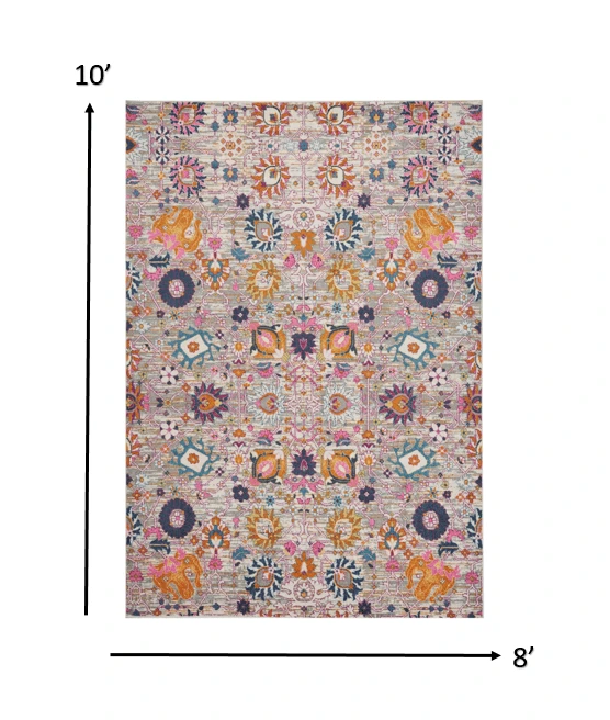 8' X 10' Silver Floral Power Loom Area Rug - Homeroots