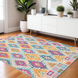4' X 6' Blue And Pink Ogee Power Loom Area Rug - Homeroots