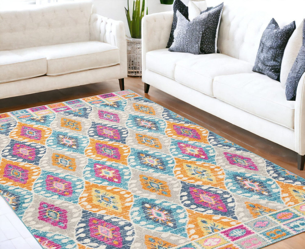 5' X 7' Blue And Pink Ogee Power Loom Area Rug - Homeroots