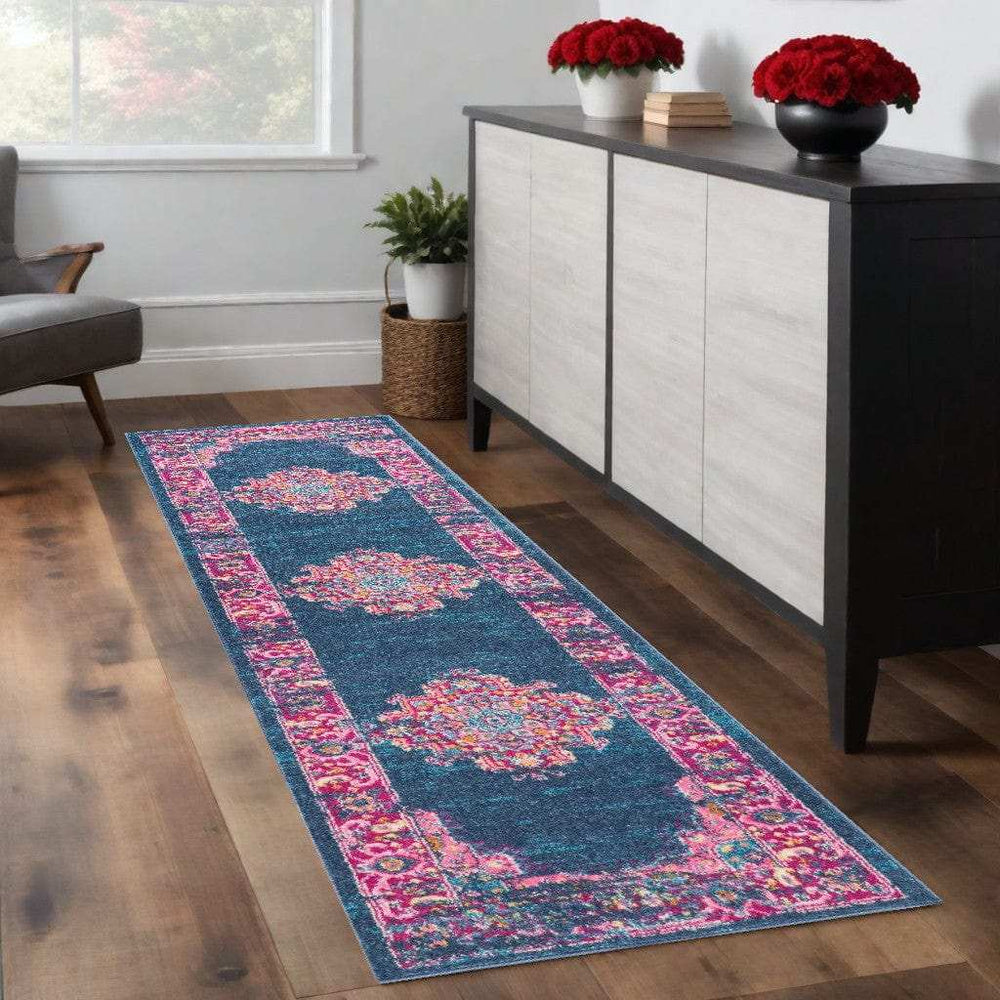 8' Blue Power Loom Runner Rug - Homeroots - Flyclothing LLC