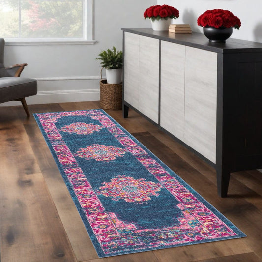 8' Blue Power Loom Runner Rug - Homeroots
