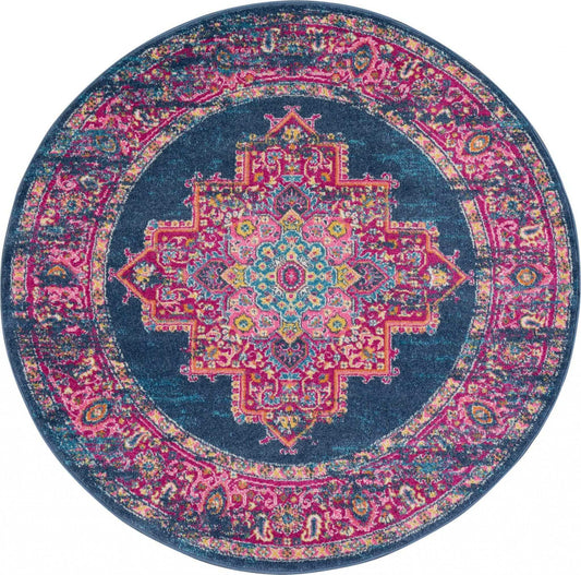 8' Blue Round Power Loom Area Rug - Homeroots - Flyclothing LLC