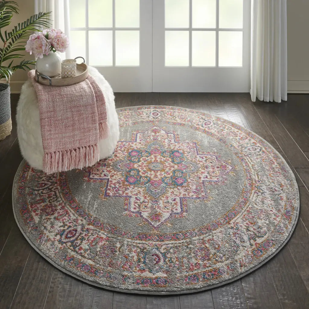 4' Gray Round Power Loom Area Rug - Homeroots - Flyclothing LLC