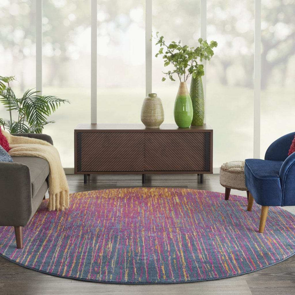 8' Blue And Pink Round Abstract Power Loom Area Rug - Homeroots - Flyclothing LLC