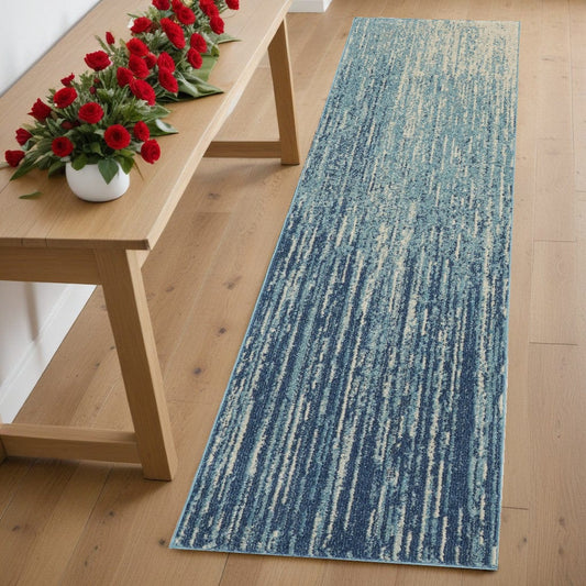 6' Blue and Ivory Abstract Power Loom Runner Rug - Homeroots