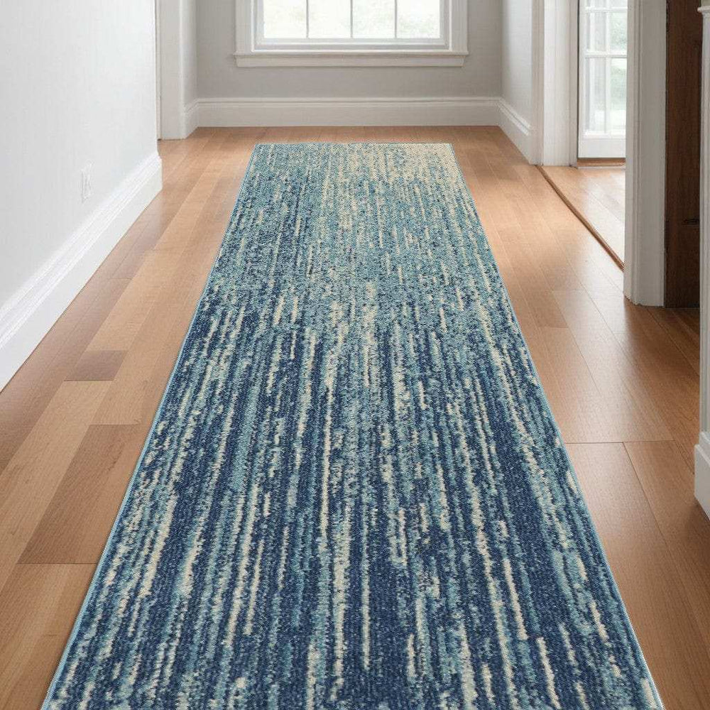 10' Ivory And Blue Abstract Power Loom Runner Rug - Homeroots - Flyclothing LLC