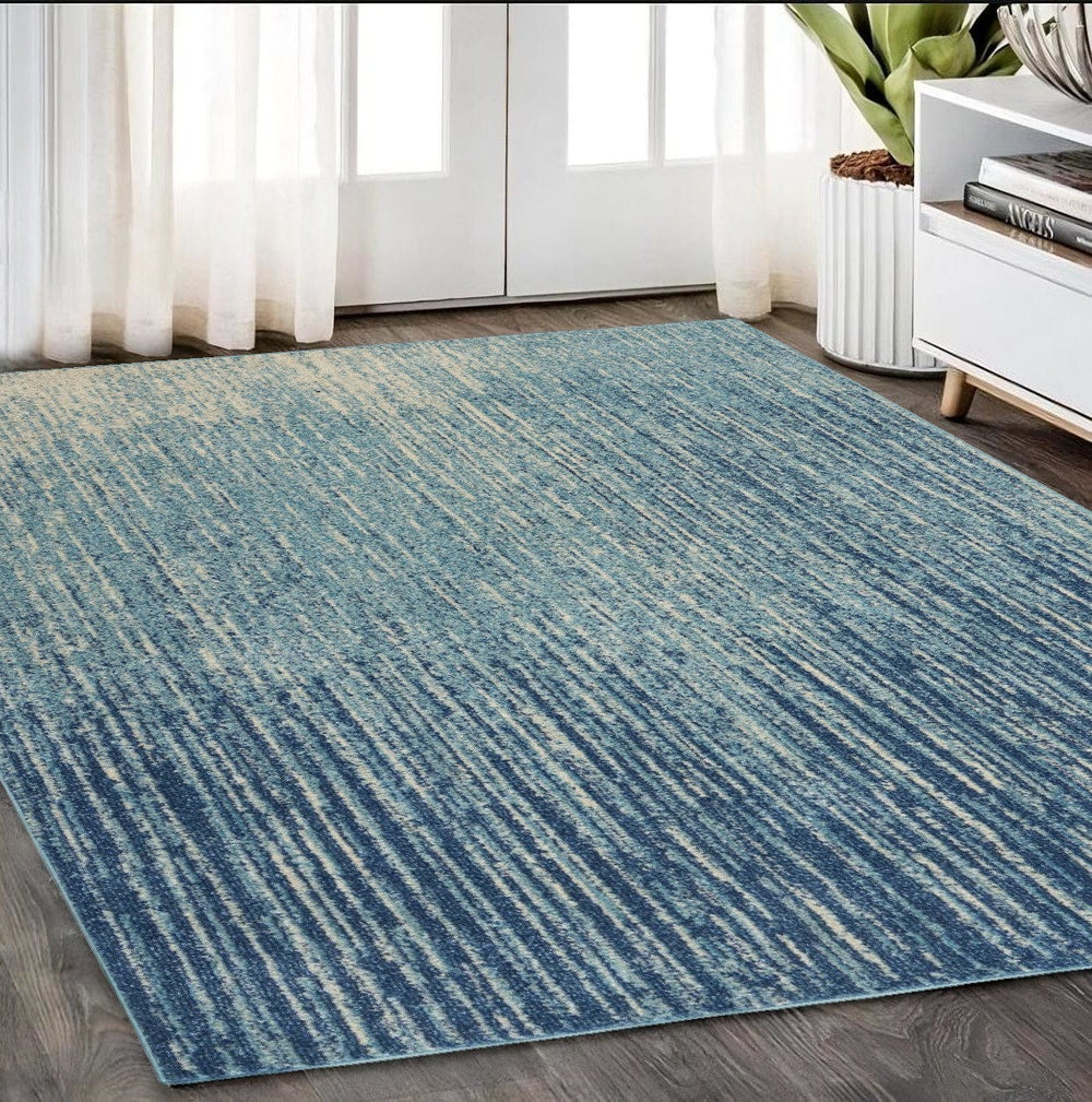 5' X 7' Ivory And Blue Abstract Stripes Power Loom Area Rug - Homeroots