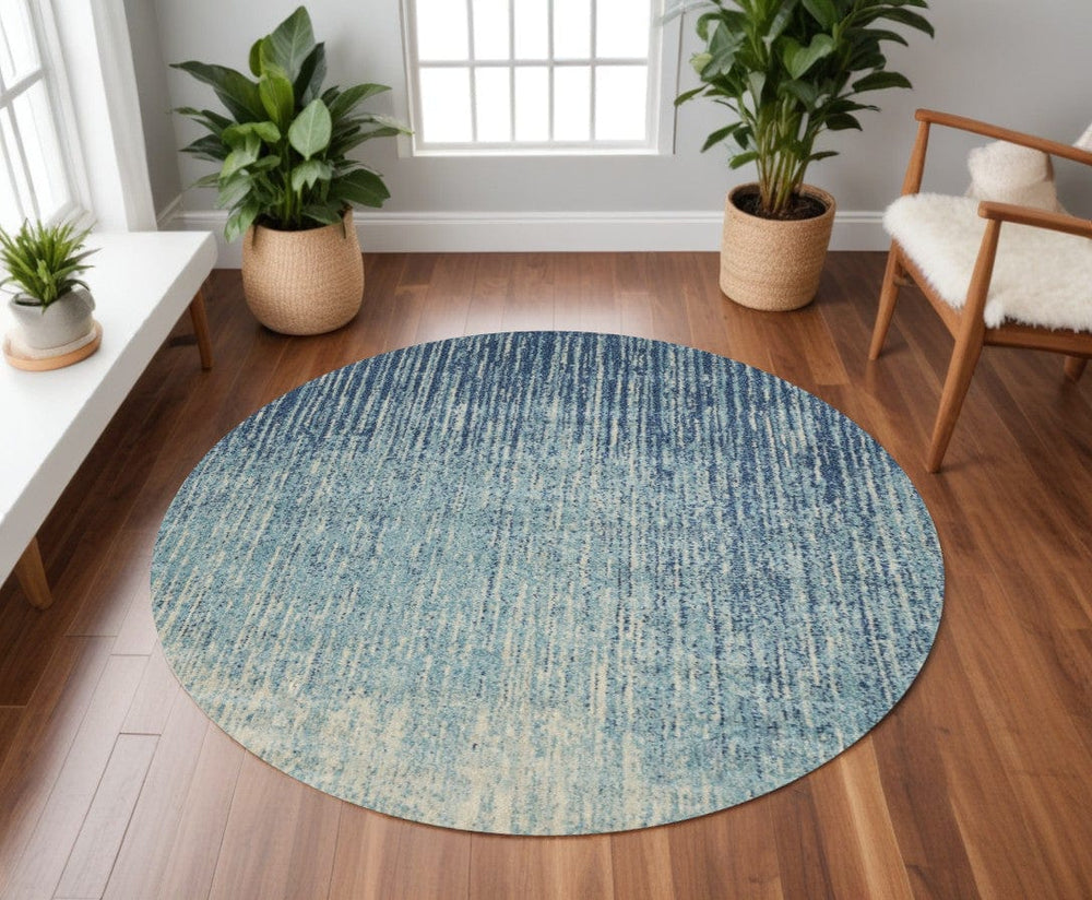 8' Blue and Ivory Abstract Power Loom Round Rug - Homeroots