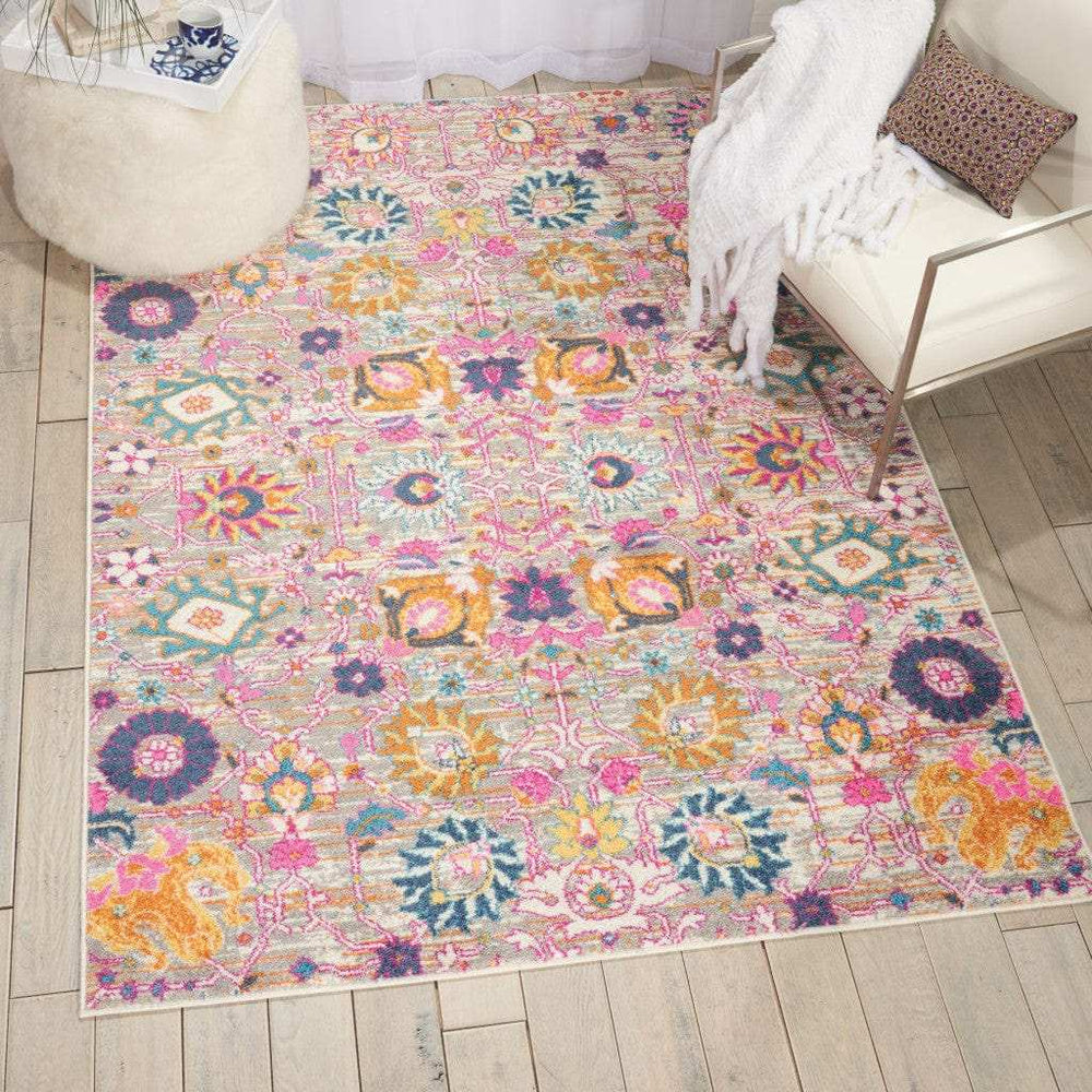 5' X 7' Gray and Pink Floral Power Loom Distressed Area Rug - Homeroots - Flyclothing LLC