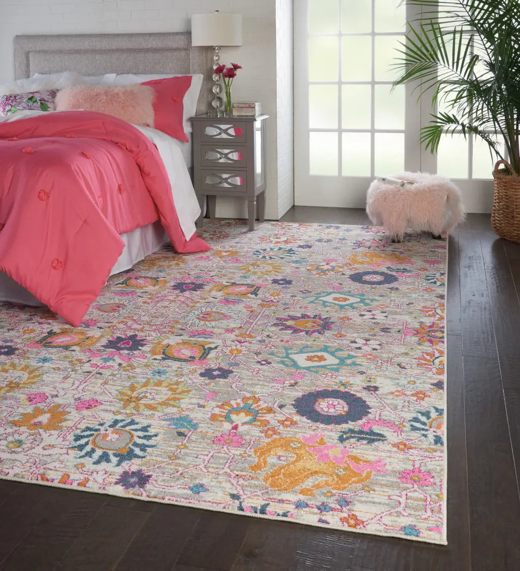 5' X 7' Gray and Pink Floral Power Loom Distressed Area Rug - Homeroots - Flyclothing LLC